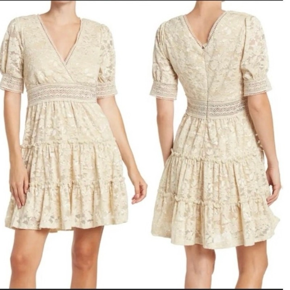 NSR Beige Crochet Lace Ruffle Tiered Mini Dress Size XL Boho Feminine
